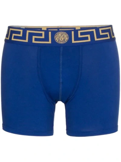 Shop Versace Gold Trim Logo Boxers In Blue