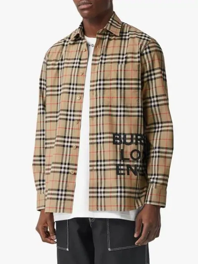 Shop Burberry Logo Print Checked Shirt - Neutrals