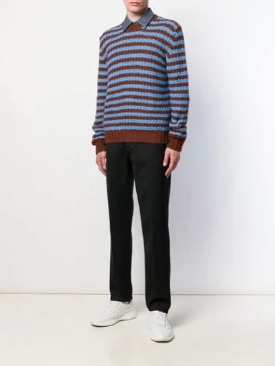 Shop Prada Striped Chunky Knit Jumper In Tabacco+celeste