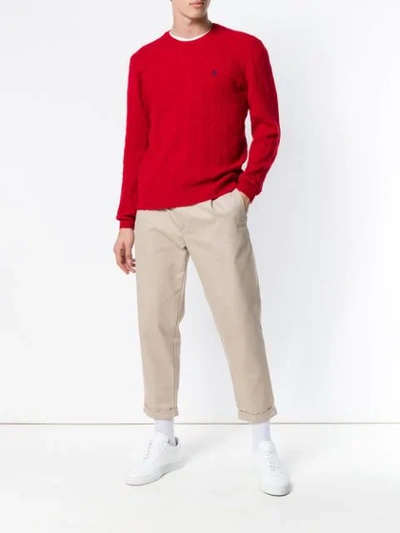 Shop Polo Ralph Lauren Cable Knit Logo Jumper In Red