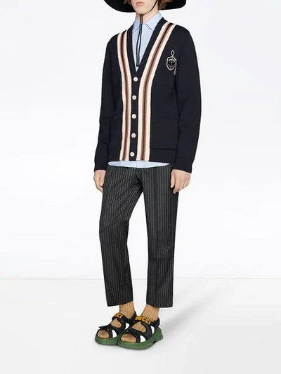 Shop Gucci Wool Cardigan With Anchor Crest In 4548 Dark Blue