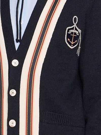 Shop Gucci Wool Cardigan With Anchor Crest In 4548 Dark Blue