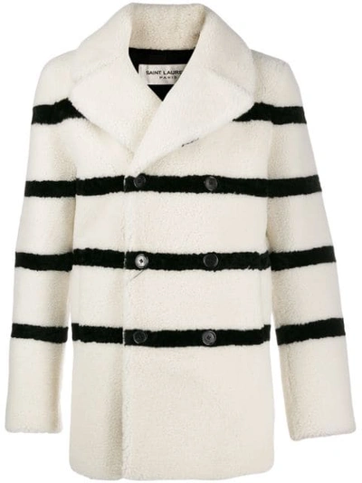 Shop Saint Laurent Striped Shearling Coat In White