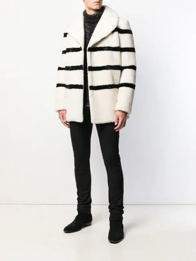 Shop Saint Laurent Striped Shearling Coat In White