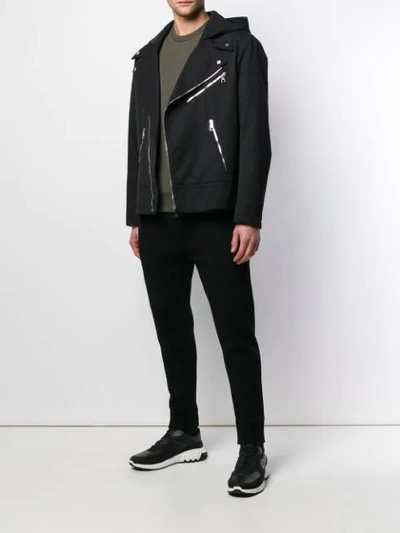 Shop Neil Barrett Zip Hooded Biker Jacket - Black