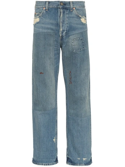 Shop Gucci Distressed Patchwork Jeans In 4009 Blue