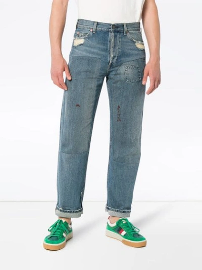 Shop Gucci Distressed Patchwork Jeans In 4009 Blue