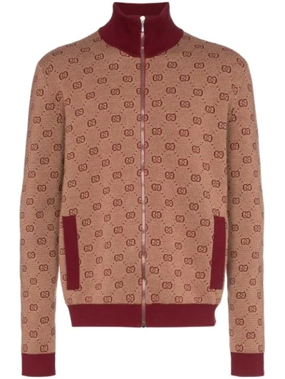 Shop Gucci High-neck Gg Print Knitted Bomber Jacket In 9192 Bordeaux