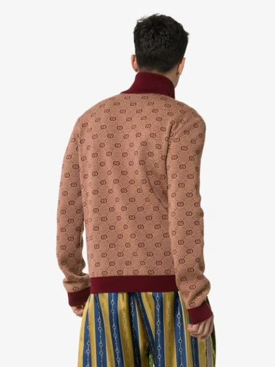 Shop Gucci High-neck Gg Print Knitted Bomber Jacket In 9192 Bordeaux