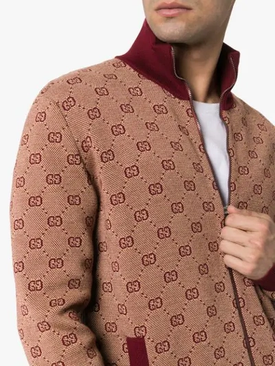 Shop Gucci High-neck Gg Print Knitted Bomber Jacket In 9192 Bordeaux