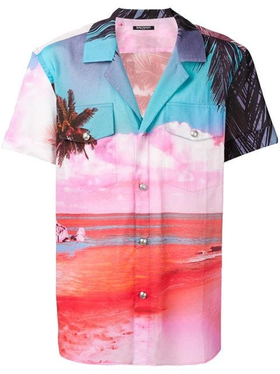 Shop Balmain Beach Print Shirt In Pink