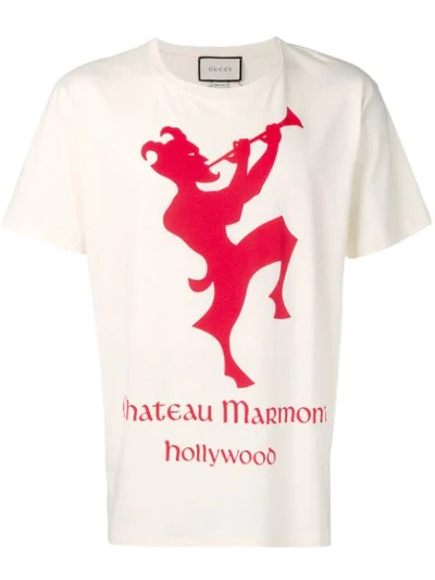 Shop Gucci T-shirt With Chateau Marmont Print In Neutrals