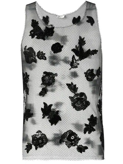 Shop Saint Laurent Embroidered Net Tank Top In Black