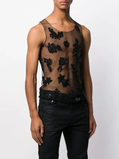 Shop Saint Laurent Embroidered Net Tank Top In Black