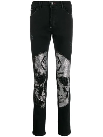 Shop Philipp Plein Skull Print Skinny Jeans In Black