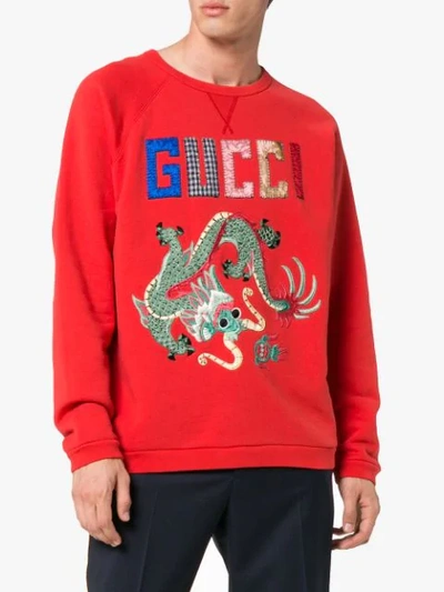 Shop Gucci Dragon Patchwork Sweatshirt In Red