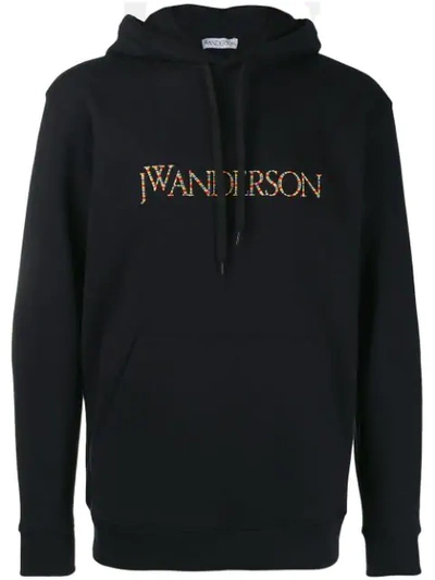Shop Jw Anderson Multicoloured Stitched Logo Hooded Sweater In Black