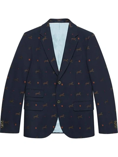 Shop Gucci Cambridge Horse Pattern Gabardine Jacket In Blue