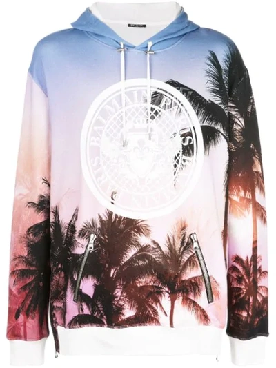 Shop Balmain Palm Tree Print Hoodie In Multicolor