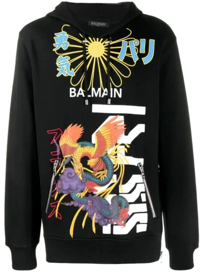 BALMAIN DRAGON PRINT HOODIE - 黑色