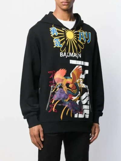 BALMAIN DRAGON PRINT HOODIE - 黑色