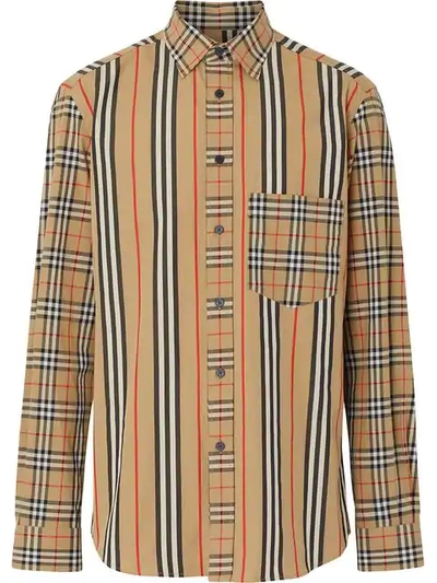 Shop Burberry Classic Fit Patchwork Cotton Poplin Shirt In Neutrals
