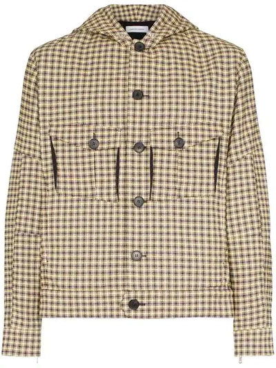 Shop Kiko Kostadinov Cocoon Check Print Button-down Hooded Fire Jacket In Yellow