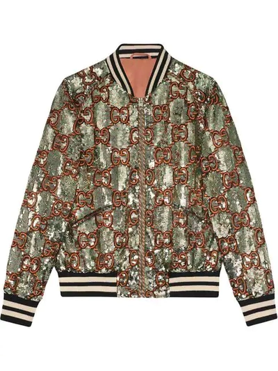 GUCCI SEQUIN BOMBER JACKET WITH GG EMBROIDERY - 大地色