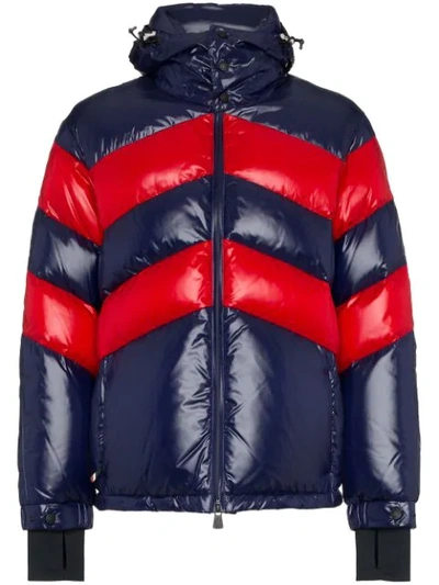 Shop Moncler Striped Padded Hooded Jacket In Blue