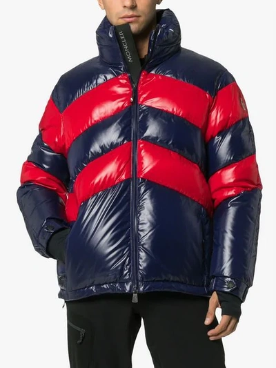 Shop Moncler Striped Padded Hooded Jacket In Blue