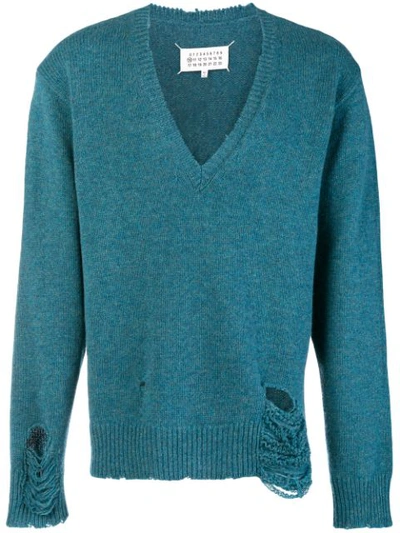 Shop Maison Margiela Distressed V-neck Sweater - Blue