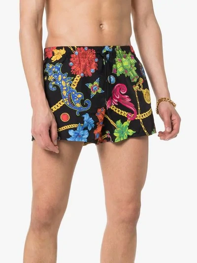 Shop Versace Jewel Print Drawstring Swim Shorts In Black