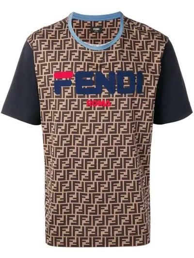 Shop Fendi Mania' T-shirt In F15ix Tabacco/ Blu