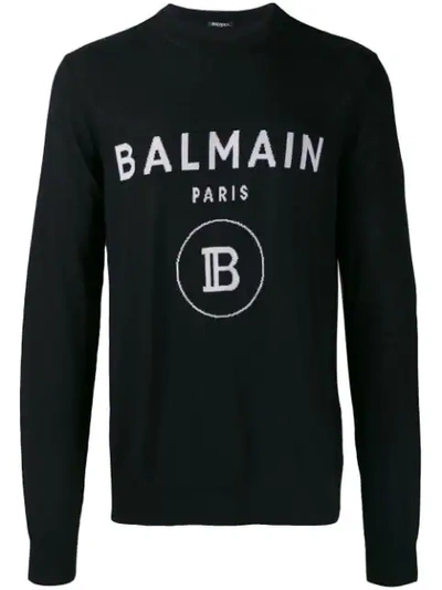 Shop Balmain Jacquard Logo Knitted Sweater In Black