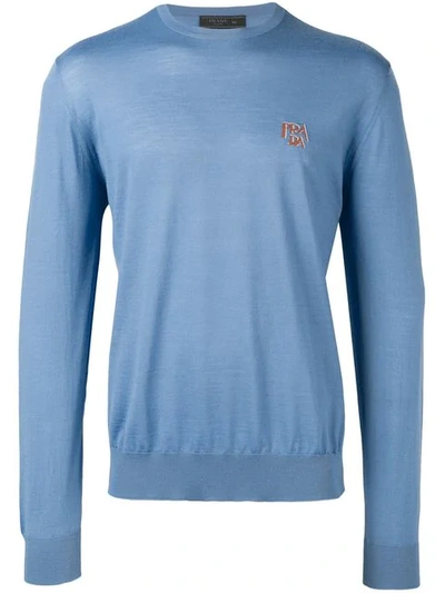 Shop Prada Small Jacquard Logo Sweater In Blue