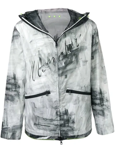 Moncler 'chardin' Mesh Panel Abstract Print Patchwork Hooded Jacket In Grey