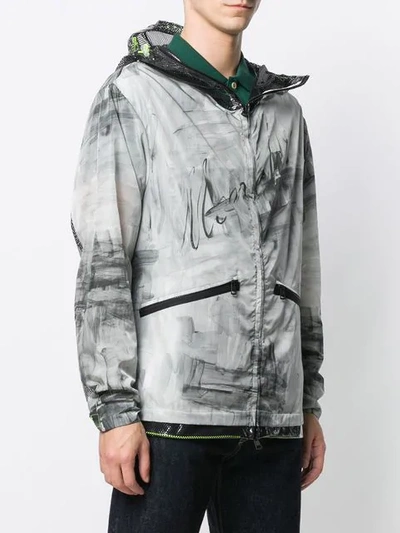 Moncler 'chardin' Mesh Panel Abstract Print Patchwork Hooded Jacket In Grey