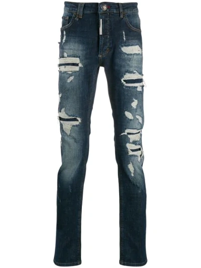Shop Philipp Plein Statement Straight Cut Jeans In Blue