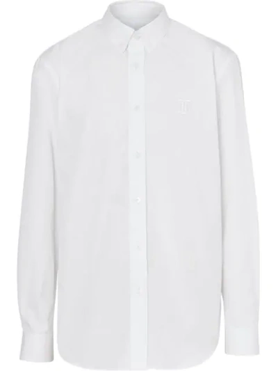 Shop Burberry Button-down Collar Monogram Motif Cotton Shirt In White