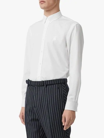 Shop Burberry Button-down Collar Monogram Motif Cotton Shirt In White
