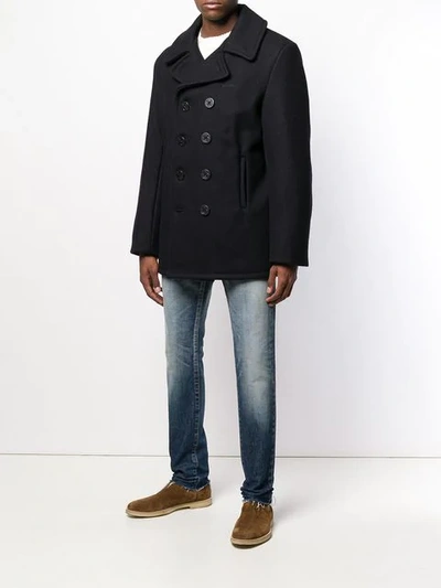 Schott Double Breasted Coat In Blue