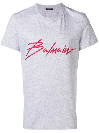 Shop Balmain Metallic Logo T-shirt In Grey