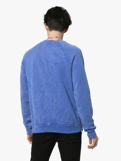 Shop Balmain Logo Print Faded Cotton Sweatshirt In Blue