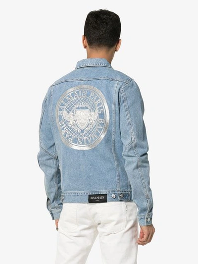 Shop Balmain Embroidered Logo Denim Jacket In Blue