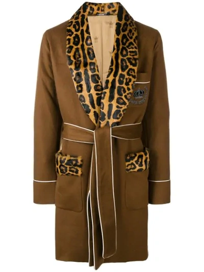 Shop Dolce & Gabbana Leopard Print Panel Robe Coat In Brown