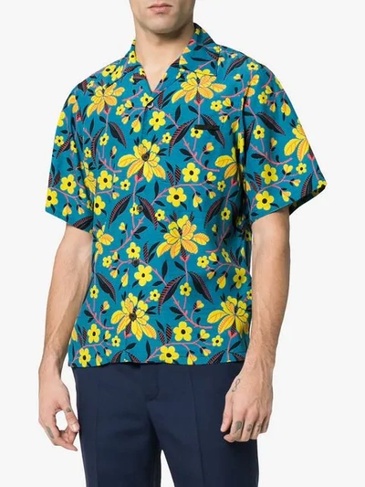 Shop Prada Flower Print Short Sleeved Shirt In Blue