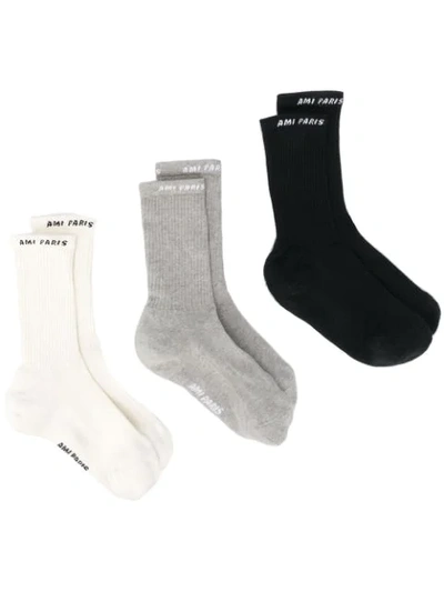 Shop Ami Alexandre Mattiussi Ami Paris Socks Pack X3 Off White Black Heather Grey