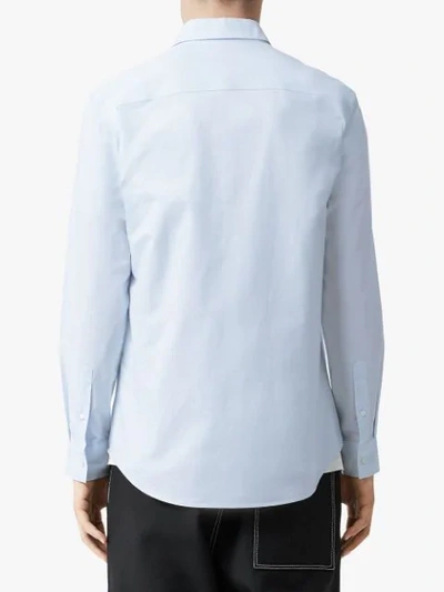 Shop Burberry Icon Stripe Detail Stretch Cotton Poplin Shirt In Blue