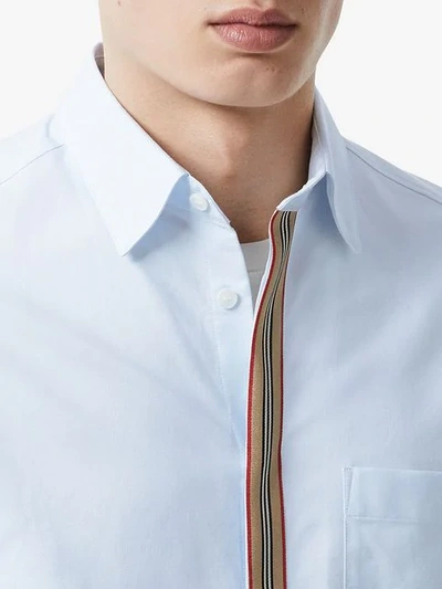 Shop Burberry Icon Stripe Detail Stretch Cotton Poplin Shirt In Blue