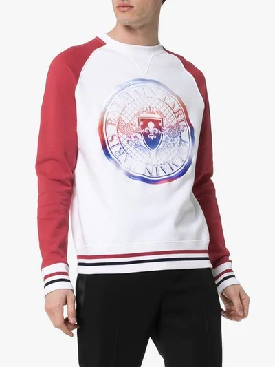 Shop Balmain Coin Logo Contrasting Sleeve Sweatshirt In White